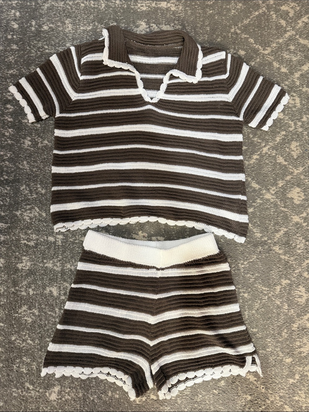 High-Waist Crochet Stripe Shorts - Brown & White